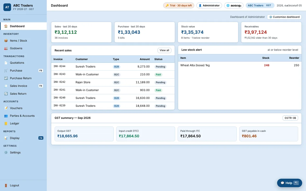 TLSS dashboard showing sales, purchase, stock value, receivables, recent sales and a GST summary