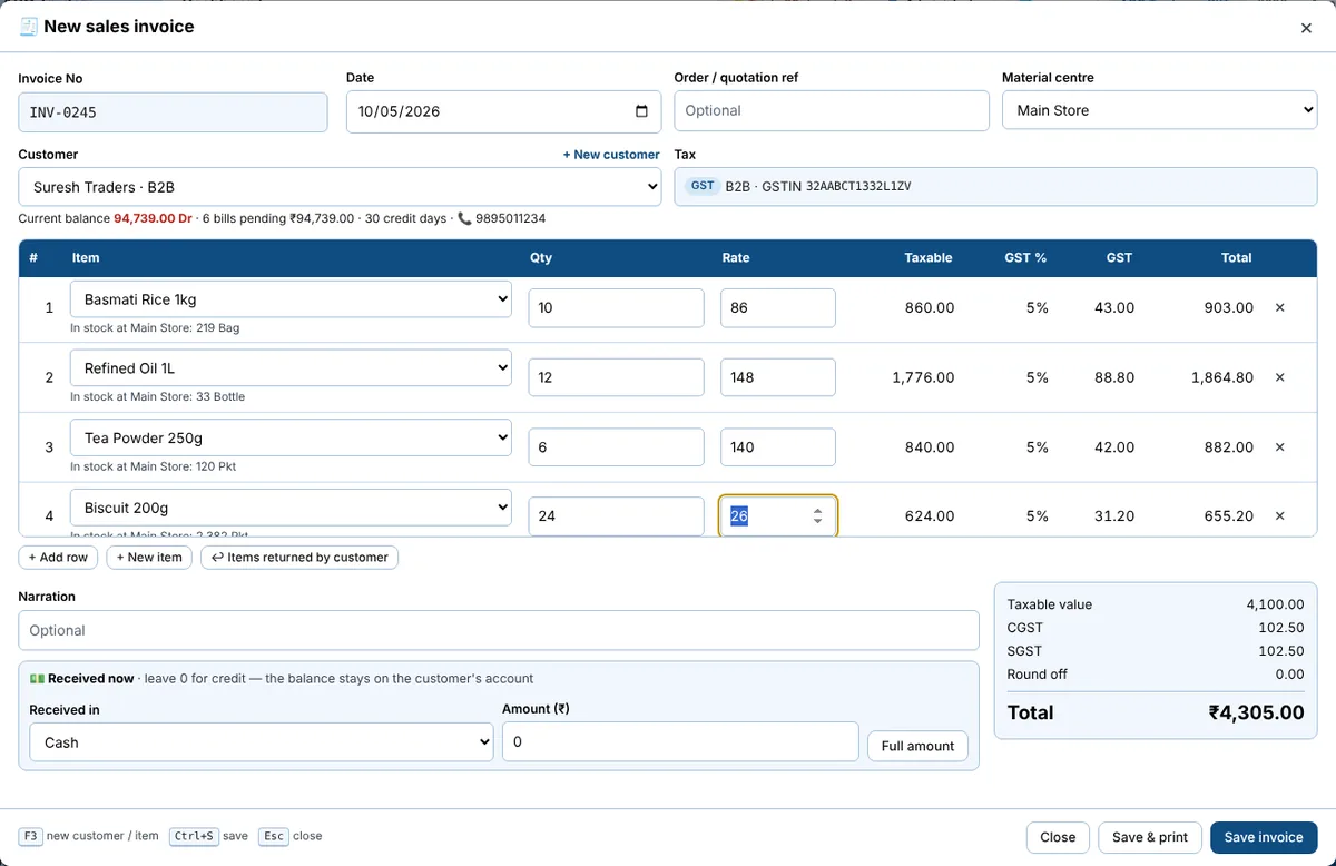 Entering a sales invoice in TLSS: customer with GSTIN, items with stock in hand, GST and total